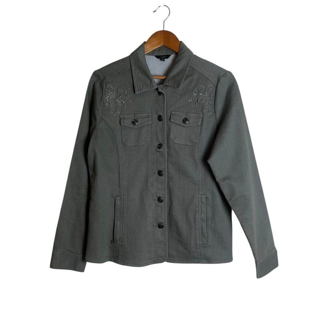 Haggar grey denim like button up coat. Size 10